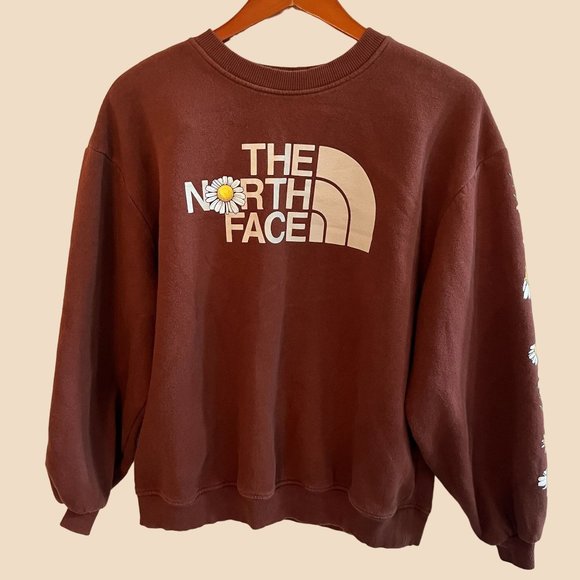 The North Face Tops - The North Face Sweater Sweatshirt Womens Medium Brown Embroidered Flowers Fleece